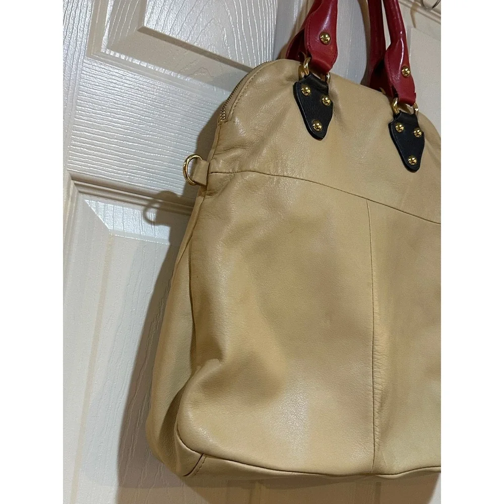 Emma Fox Leather Colorblock Satchel Backpack Beige Black Red Gold Turn Lock